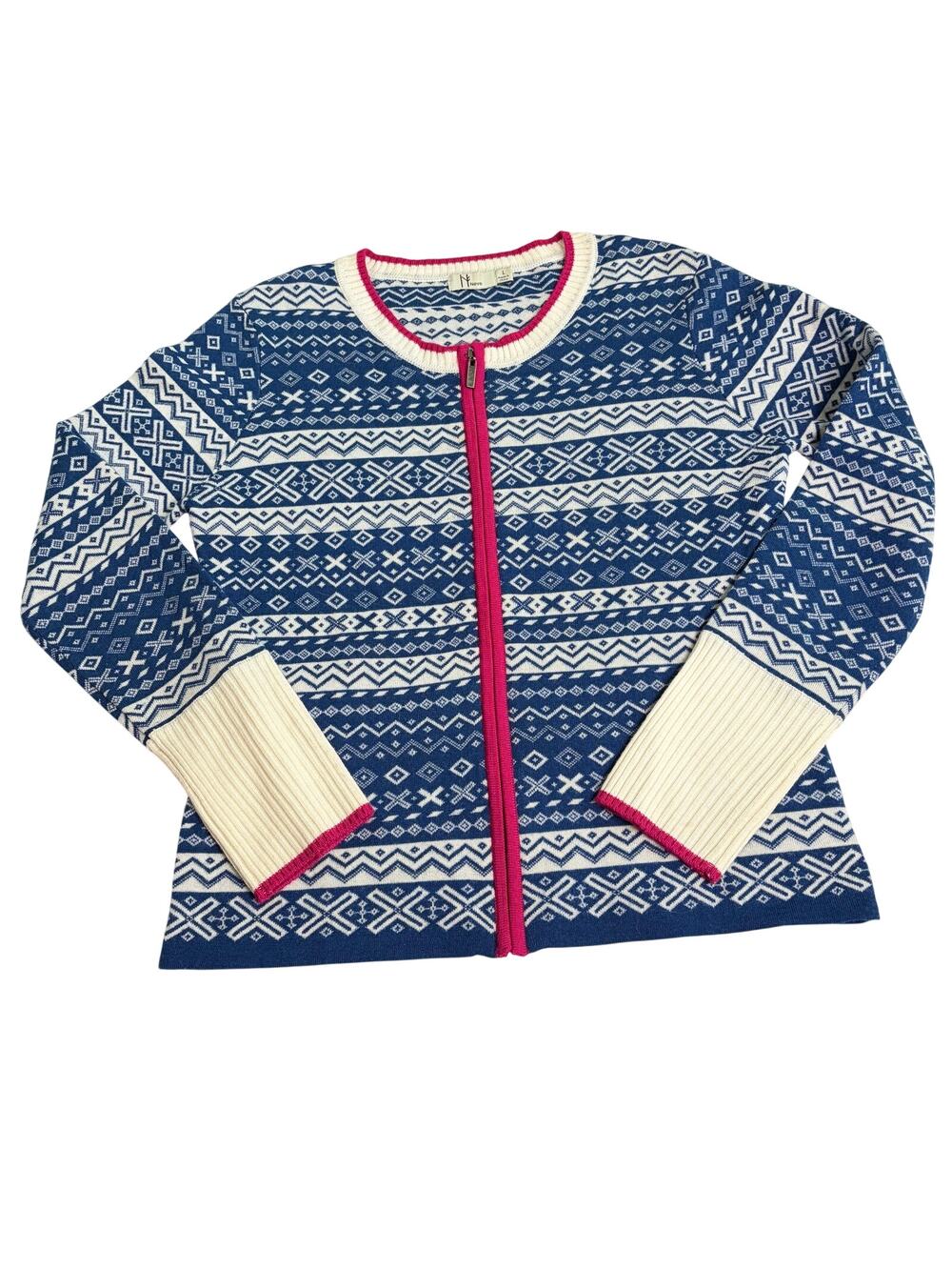 Neve Womens full zip blue white Nordic stripe wool sweater. Size L. ski lodge